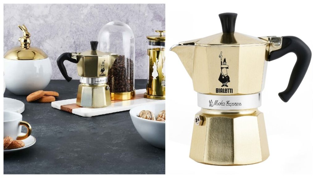 kvinnlig 50 års present: Guldfärgad moccabryggare från Bialetti