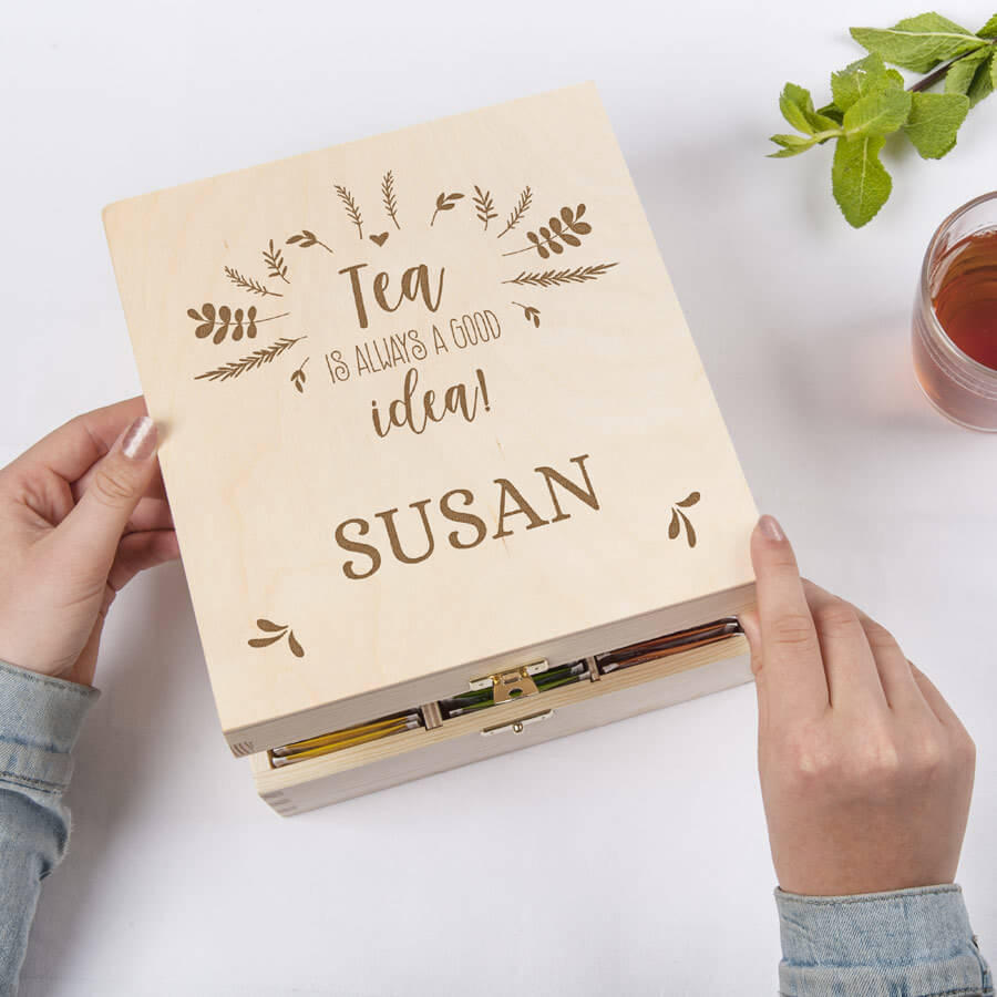 Tackpresent: Telåda med namn