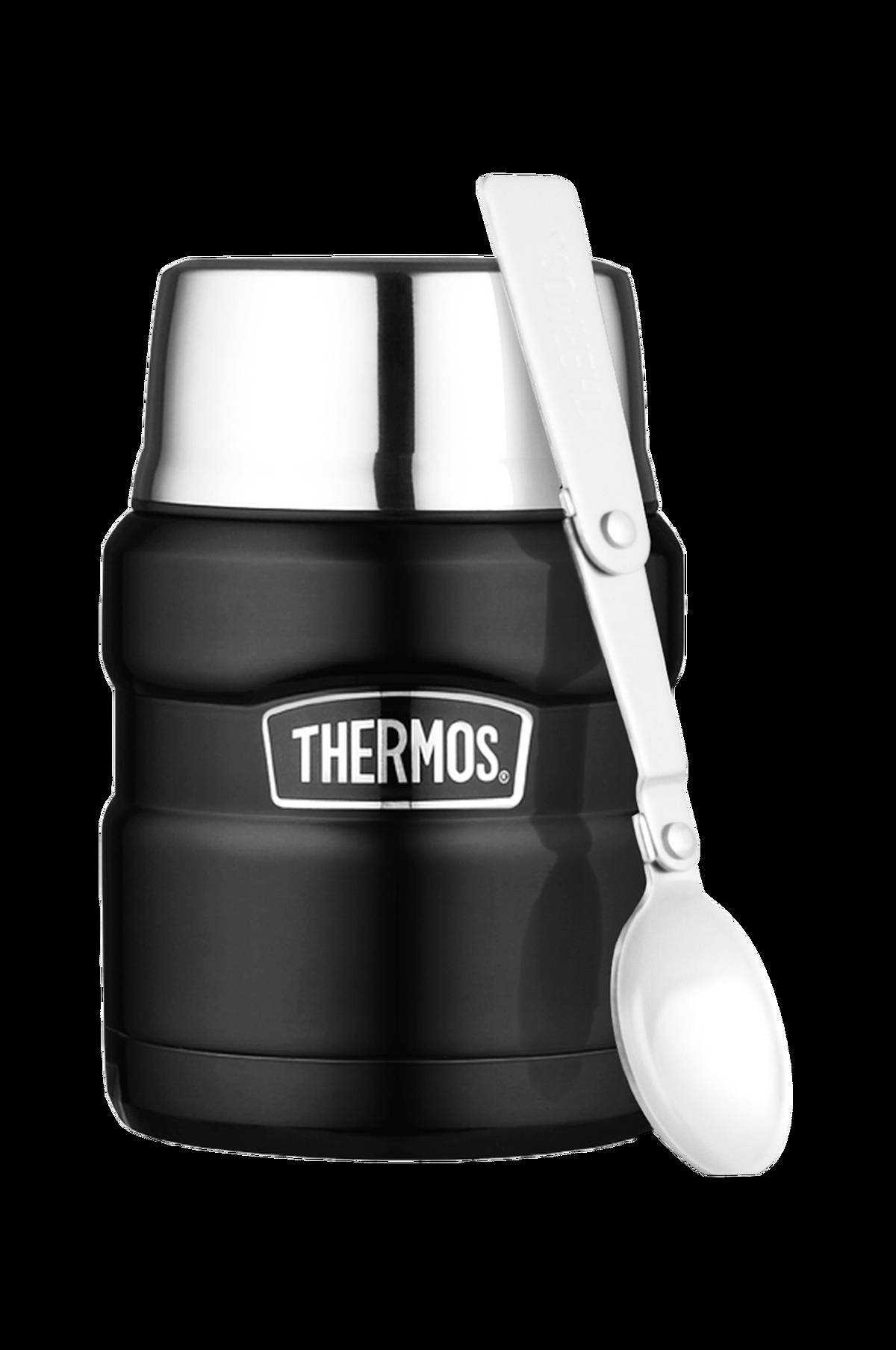 Svart Thermos King mattermos med lock och medföljande vikbar sked